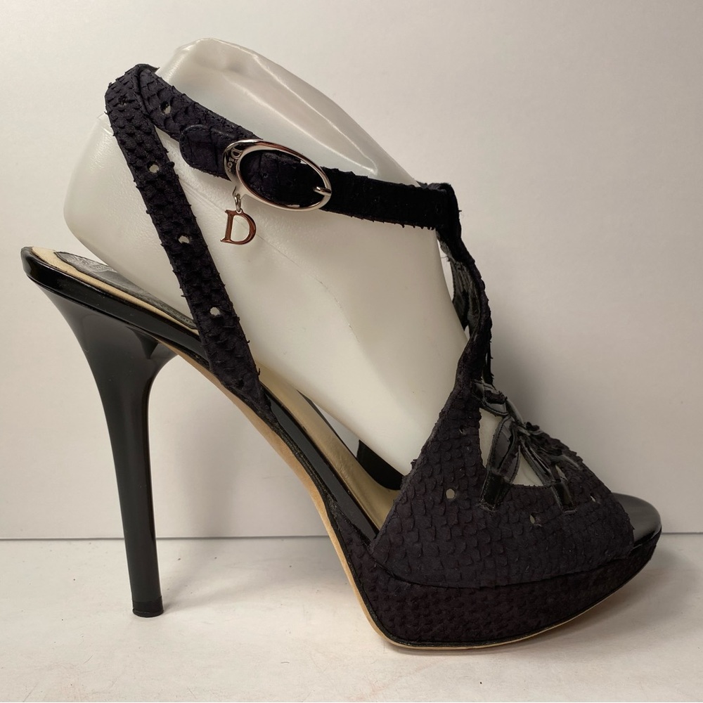 Christian Dior open toe snake embossed sandals heels black 39 - Picture 2 of 10